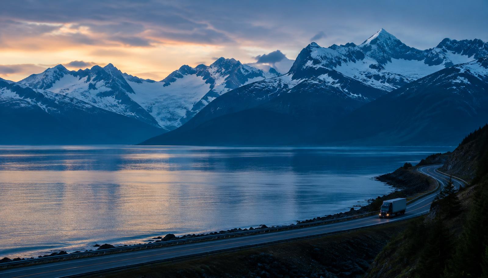 Snow-capped mountains above Turnagain Arm at dusk with a truck on the coastal highway