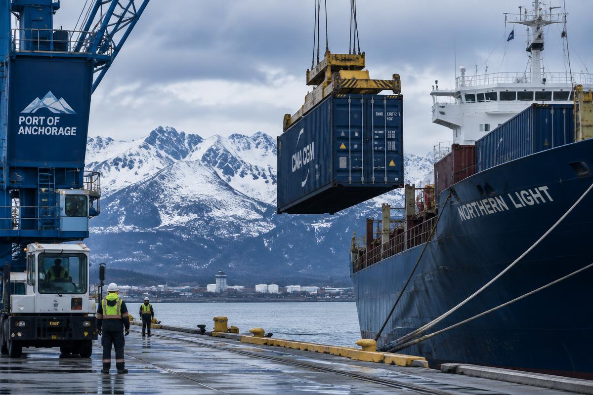 A shipping container being lifted onto a cargo ship at the Port of Anchorage